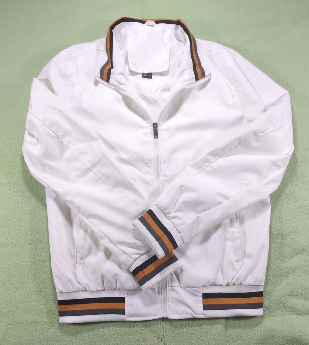 White Casual Lightweight Bomber Jacket Windbreaker with Striped Rib Trim